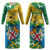 Malampa Fiji Day Couples Matching Long Sleeve Bodycon Dress and Hawaiian Shirt 10 October Together We Grow Grunge Tapa Motifs