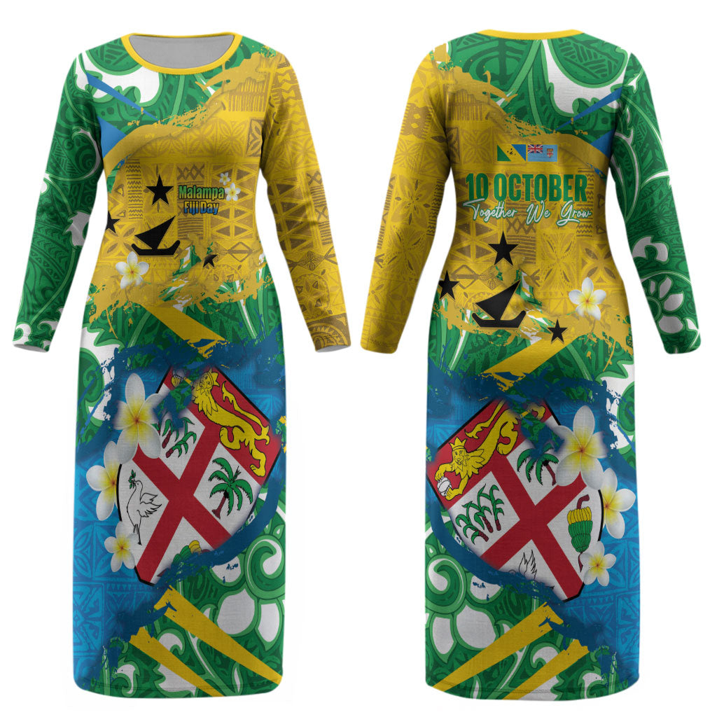 Malampa Fiji Day Couples Matching Long Sleeve Bodycon Dress and Long Sleeve Button Shirt 10 October Together We Grow Grunge Tapa Motifs