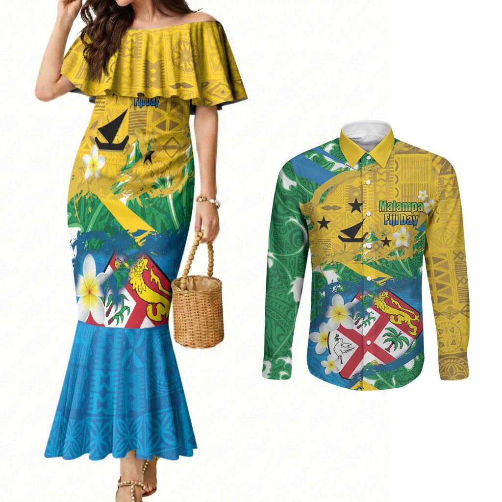 Malampa Fiji Day Couples Matching Mermaid Dress and Long Sleeve Button Shirt 10 October Together We Grow Grunge Tapa Motifs