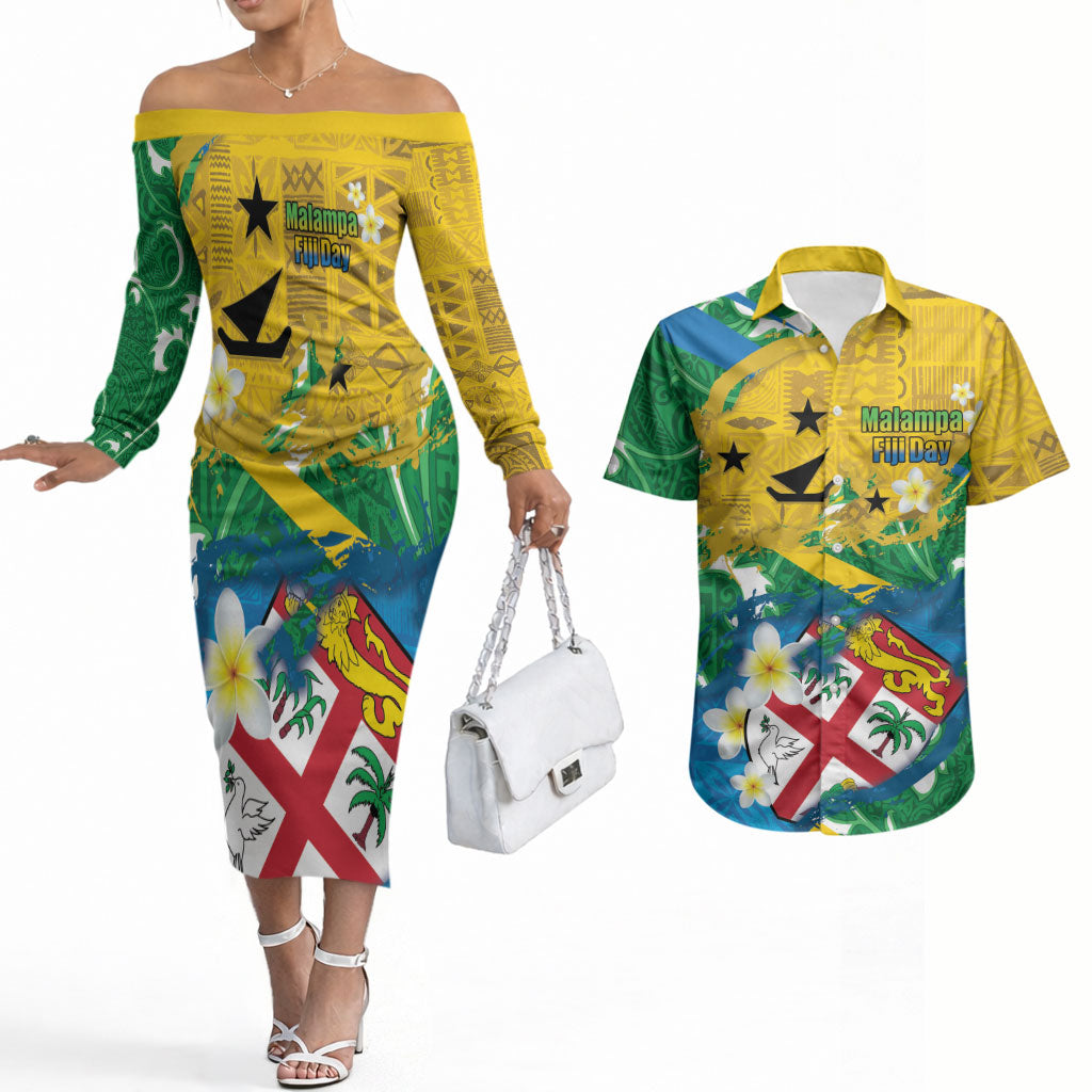 Malampa Fiji Day Couples Matching Off The Shoulder Long Sleeve Dress and Hawaiian Shirt 10 October Together We Grow Grunge Tapa Motifs