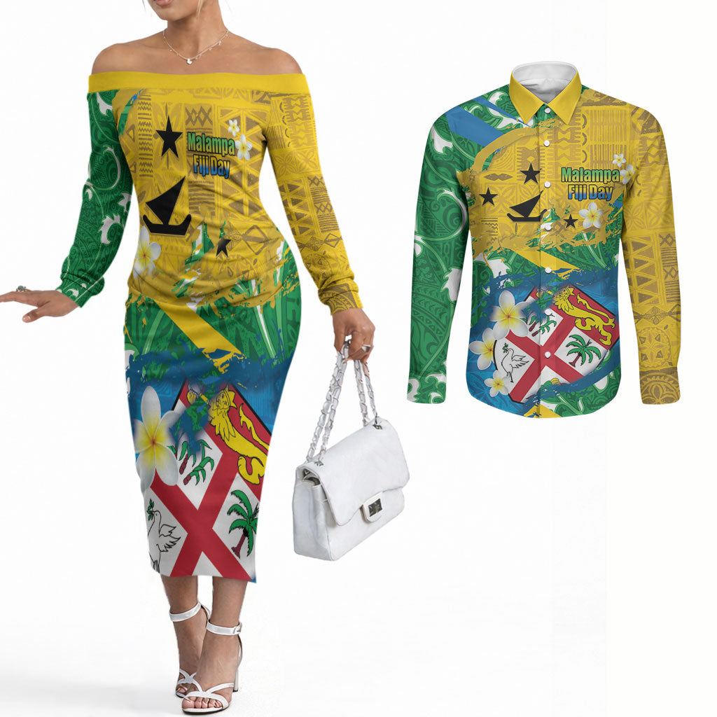 Malampa Fiji Day Couples Matching Off The Shoulder Long Sleeve Dress and Long Sleeve Button Shirt 10 October Together We Grow Grunge Tapa Motifs