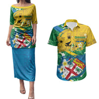 Malampa Fiji Day Couples Matching Puletasi and Hawaiian Shirt 10 October Together We Grow Grunge Tapa Motifs