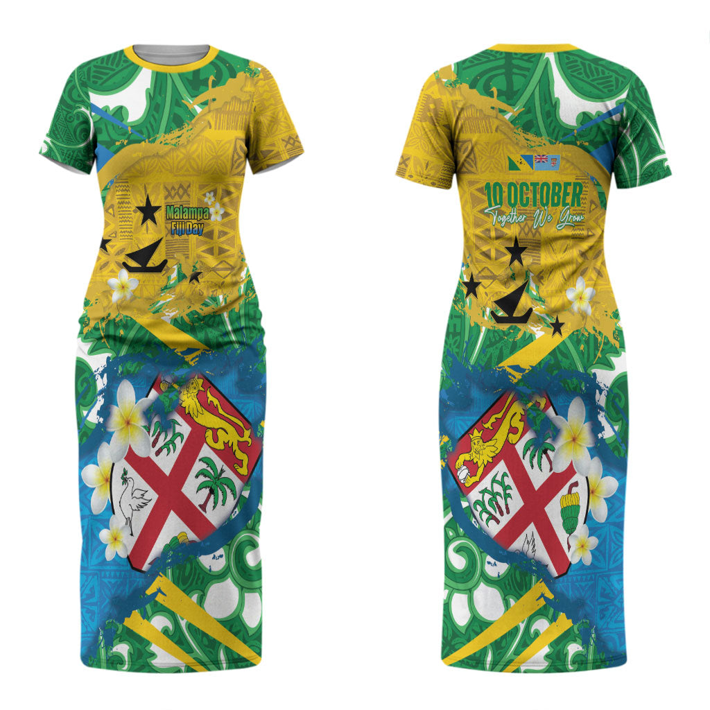 Malampa Fiji Day Couples Matching Short Sleeve Bodycon Dress and Hawaiian Shirt 10 October Together We Grow Grunge Tapa Motifs