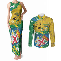 Malampa Fiji Day Couples Matching Tank Maxi Dress and Long Sleeve Button Shirt 10 October Together We Grow Grunge Tapa Motifs