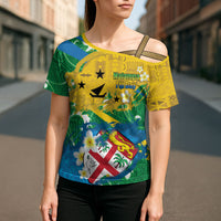 Malampa Fiji Day Cross Shoulder Shirt 10 October Together We Grow Grunge Tapa Motifs