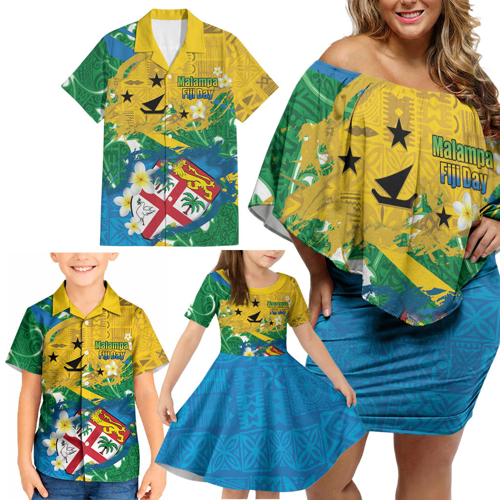 Malampa Fiji Day Family Matching Off Shoulder Short Dress and Hawaiian Shirt 10 October Together We Grow Grunge Tapa Motifs