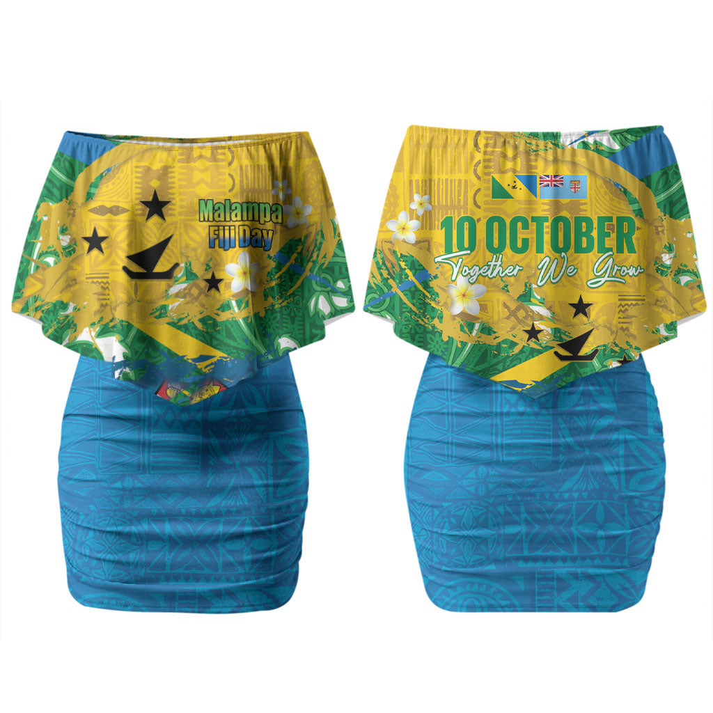 Malampa Fiji Day Family Matching Off Shoulder Short Dress and Hawaiian Shirt 10 October Together We Grow Grunge Tapa Motifs