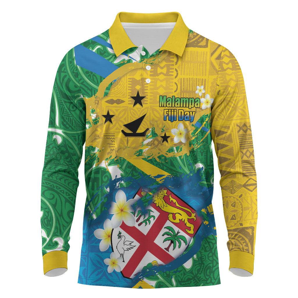 Malampa Fiji Day Long Sleeve Polo Shirt 10 October Together We Grow Grunge Tapa Motifs