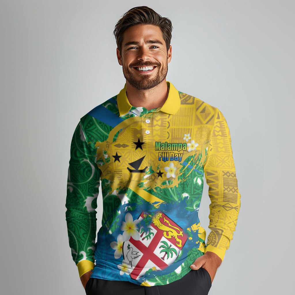 Malampa Fiji Day Long Sleeve Polo Shirt 10 October Together We Grow Grunge Tapa Motifs