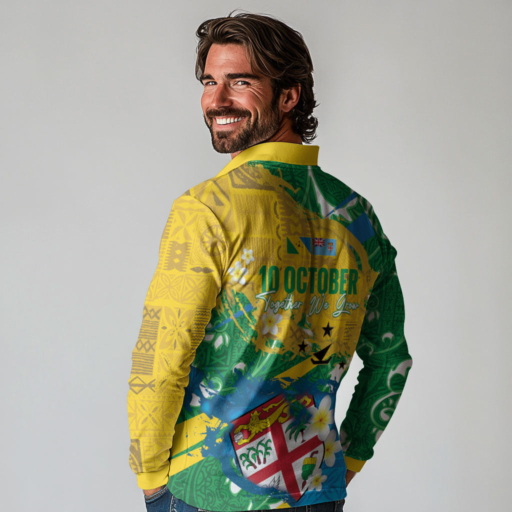 Malampa Fiji Day Long Sleeve Polo Shirt 10 October Together We Grow Grunge Tapa Motifs