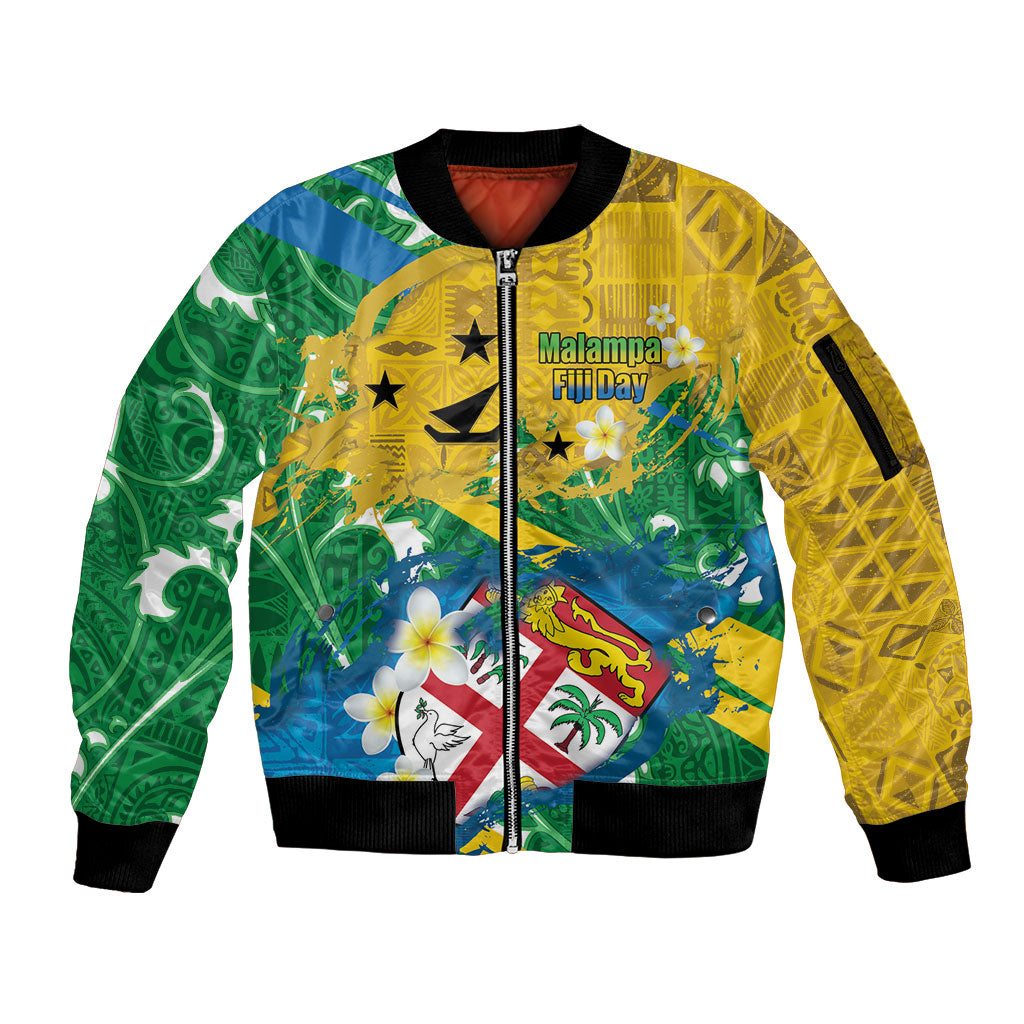 Malampa Fiji Day Sleeve Zip Bomber Jacket 10 October Together We Grow Grunge Tapa Motifs