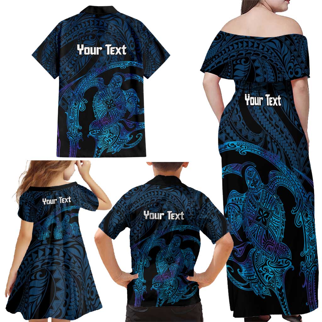 Personalised Tahiti Moorea Atoll Family Matching Off Shoulder Maxi Dress and Hawaiian Shirt Polynesian Sea Turtle