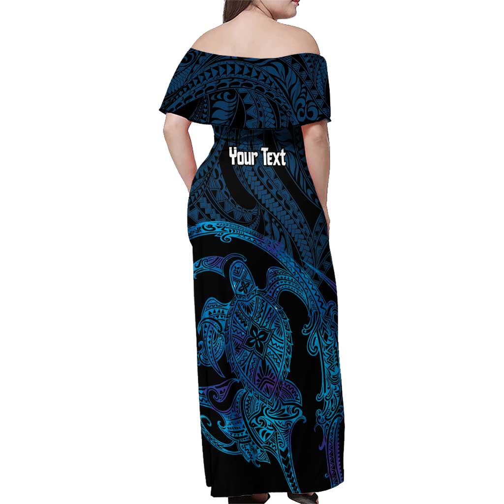 Personalised Tahiti Moorea Atoll Family Matching Off Shoulder Maxi Dress and Hawaiian Shirt Polynesian Sea Turtle
