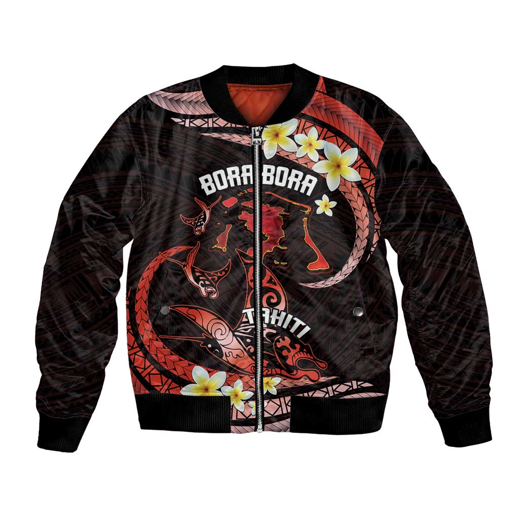 Personalised Tahiti Bora Bora Bomber Jacket Manta Rays With Polynesian Plumeria LT14 Unisex Red - Polynesian Pride