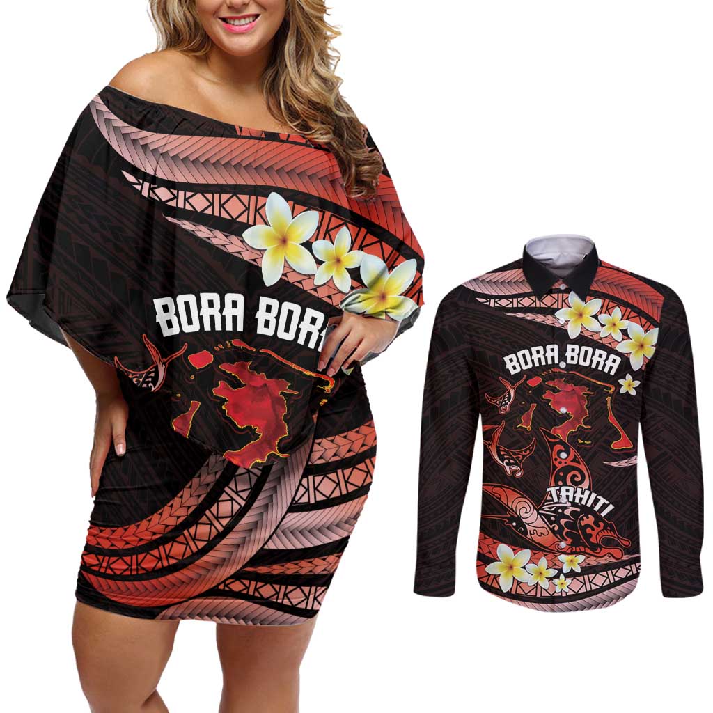 Personalised Tahiti Bora Bora Couples Matching Off Shoulder Short Dress and Long Sleeve Button Shirt Manta Rays With Polynesian Plumeria LT14 Red - Polynesian Pride