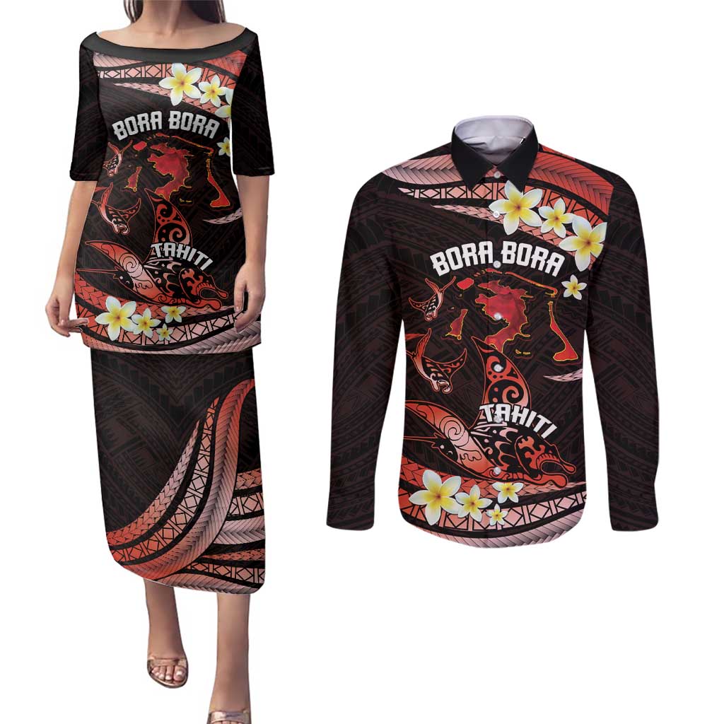 Personalised Tahiti Bora Bora Couples Matching Puletasi and Long Sleeve Button Shirt Manta Rays With Polynesian Plumeria LT14 Red - Polynesian Pride