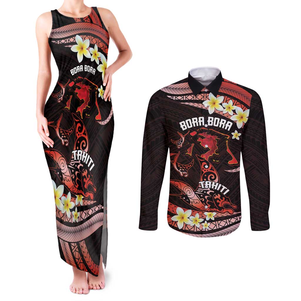 Personalised Tahiti Bora Bora Couples Matching Tank Maxi Dress and Long Sleeve Button Shirt Manta Rays With Polynesian Plumeria LT14 Red - Polynesian Pride