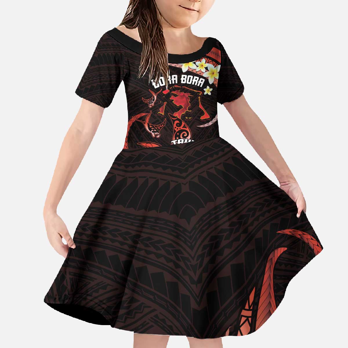 Personalised Tahiti Bora Bora Family Matching Off The Shoulder Long Sleeve Dress and Hawaiian Shirt Manta Rays With Polynesian Plumeria