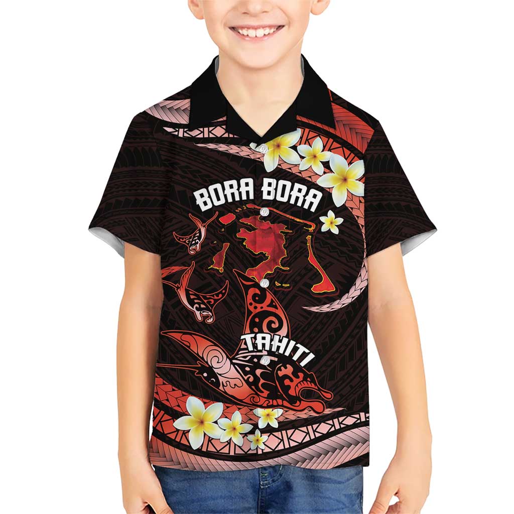 Personalised Tahiti Bora Bora Kid Hawaiian Shirt Manta Rays With Polynesian Plumeria LT14 Kid Red - Polynesian Pride
