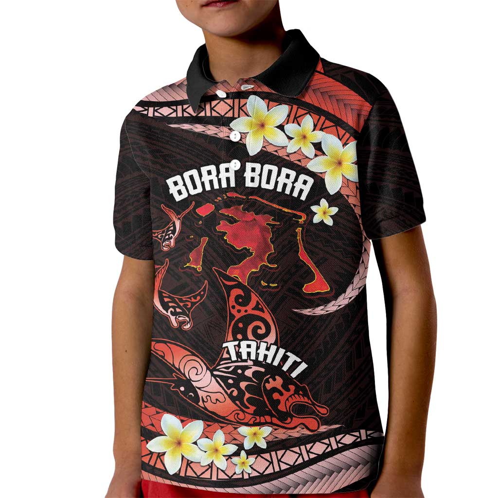 Personalised Tahiti Bora Bora Kid Polo Shirt Manta Rays With Polynesian Plumeria LT14 Kid Red - Polynesian Pride