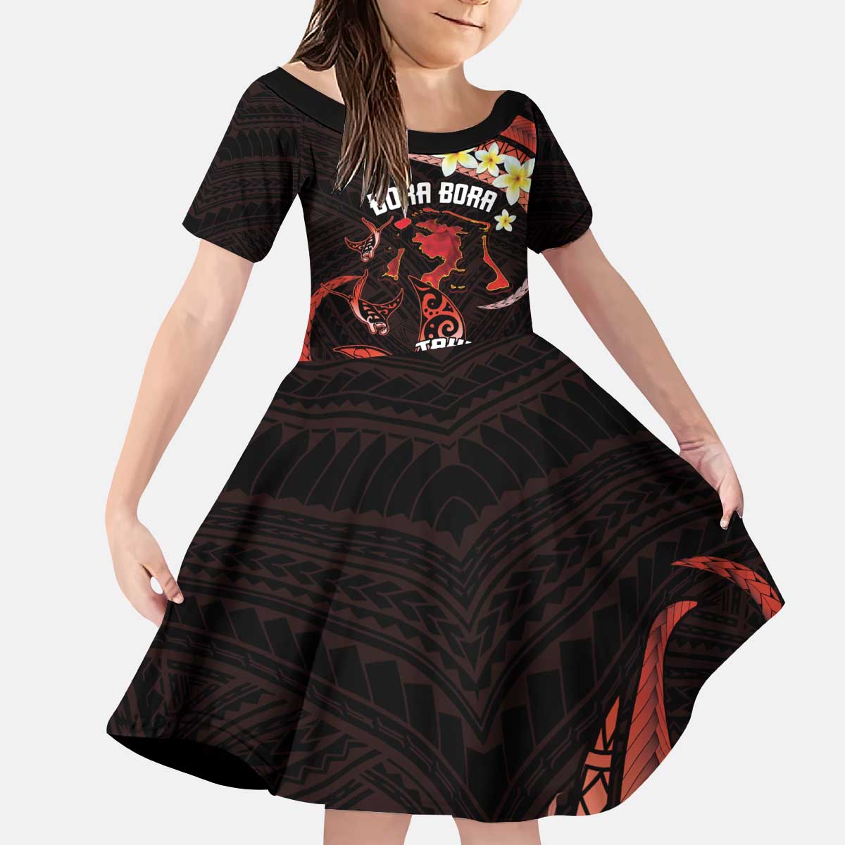 Personalised Tahiti Bora Bora Kid Short Sleeve Dress Manta Rays With Polynesian Plumeria LT14 KID Red - Polynesian Pride