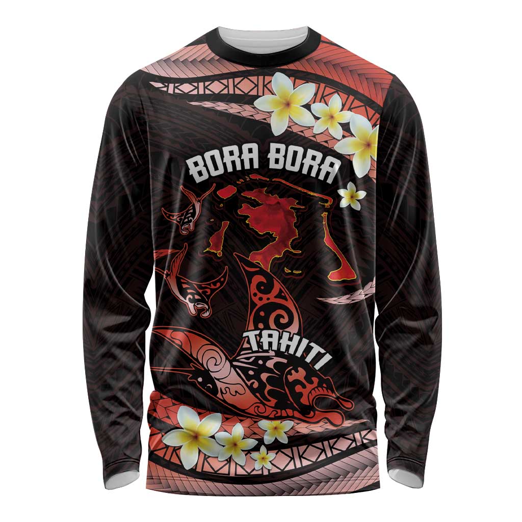 Personalised Tahiti Bora Bora Long Sleeve Shirt Manta Rays With Polynesian Plumeria LT14 Unisex Red - Polynesian Pride