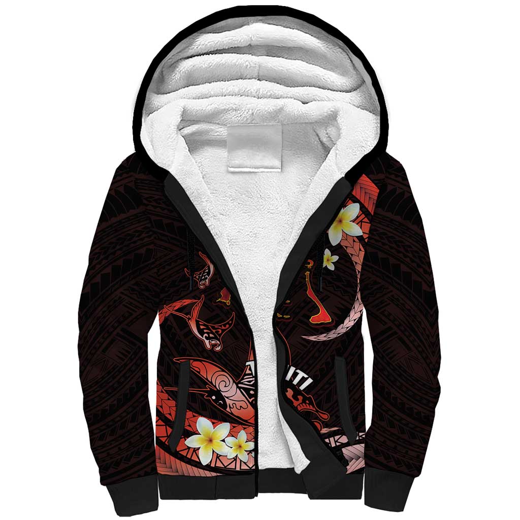 Personalised Tahiti Bora Bora Sherpa Hoodie Manta Rays With Polynesian Plumeria LT14 Unisex Red - Polynesian Pride