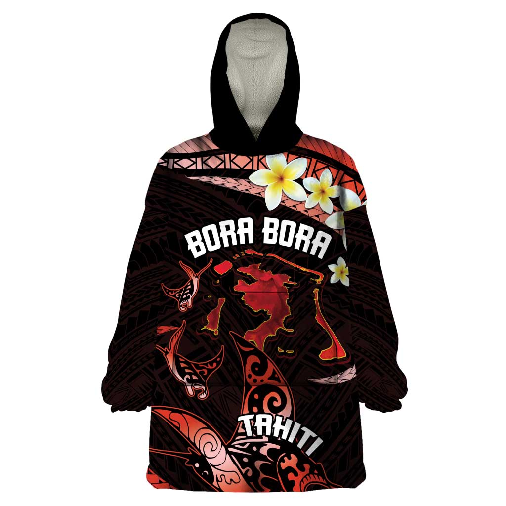Personalised Tahiti Bora Bora Wearable Blanket Hoodie Manta Rays With Polynesian Plumeria LT14 One Size Red - Polynesian Pride