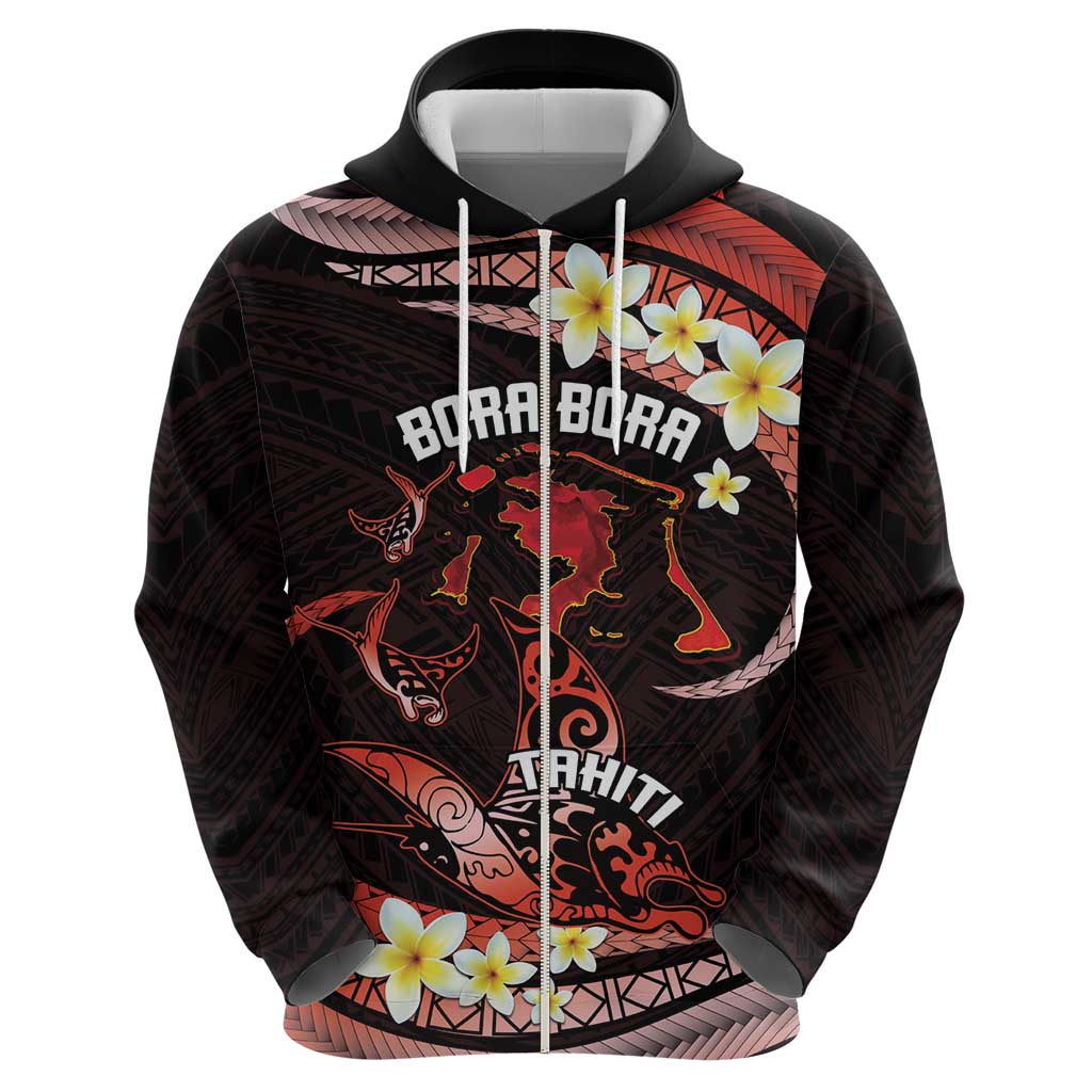 Personalised Tahiti Bora Bora Zip Hoodie Manta Rays With Polynesian Plumeria