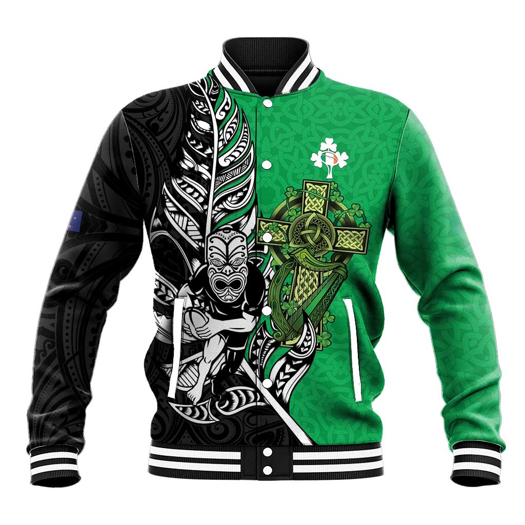 New Zealand and Ireland Rugby Custom Baseball Jacket Maori Tiki Fern Irish Celtic Cross - Polynesian Pride