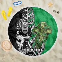New Zealand and Ireland Rugby Custom Beach Blanket Maori Tiki Fern Irish Celtic Cross - Polynesian Pride