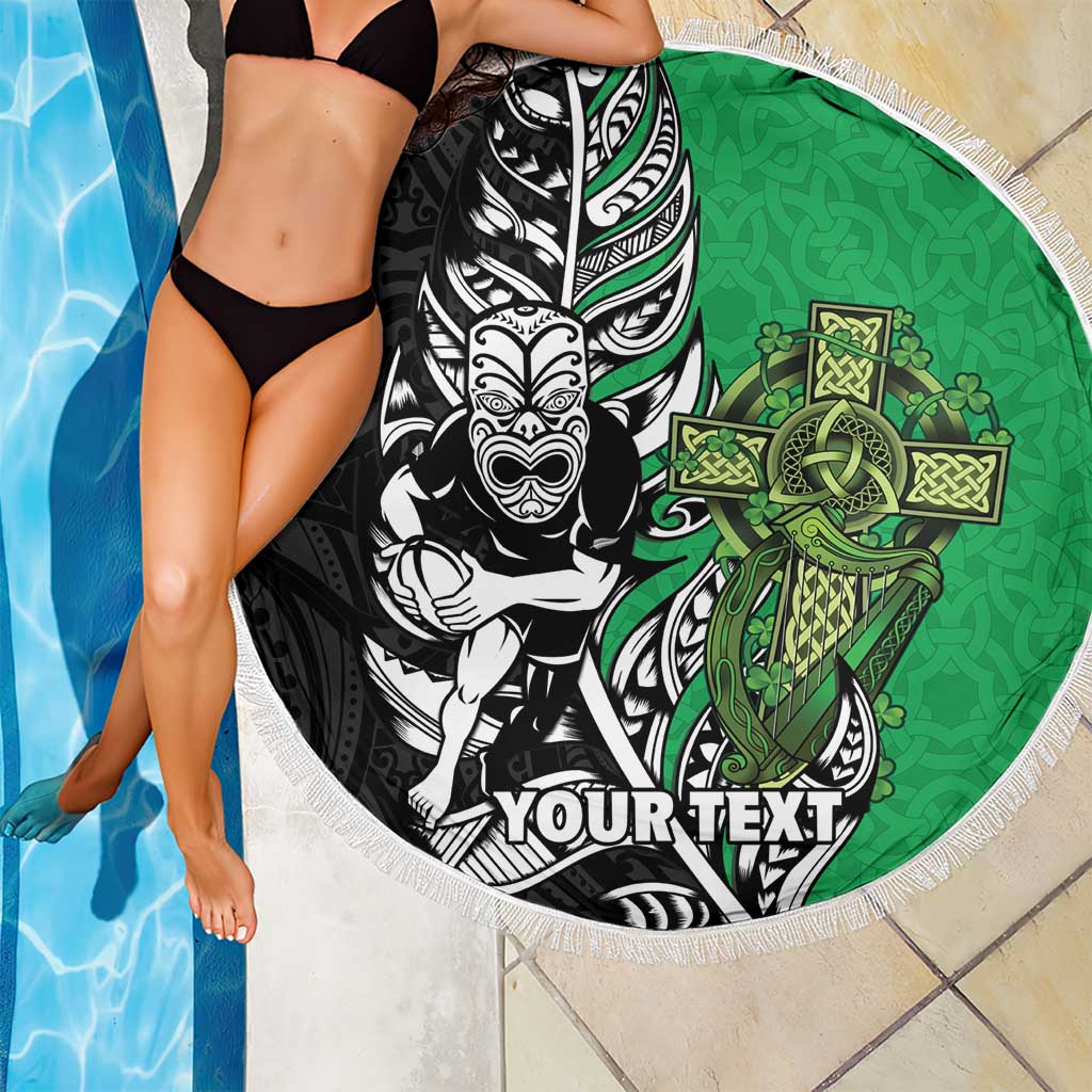 New Zealand and Ireland Rugby Custom Beach Blanket Maori Tiki Fern Irish Celtic Cross - Polynesian Pride