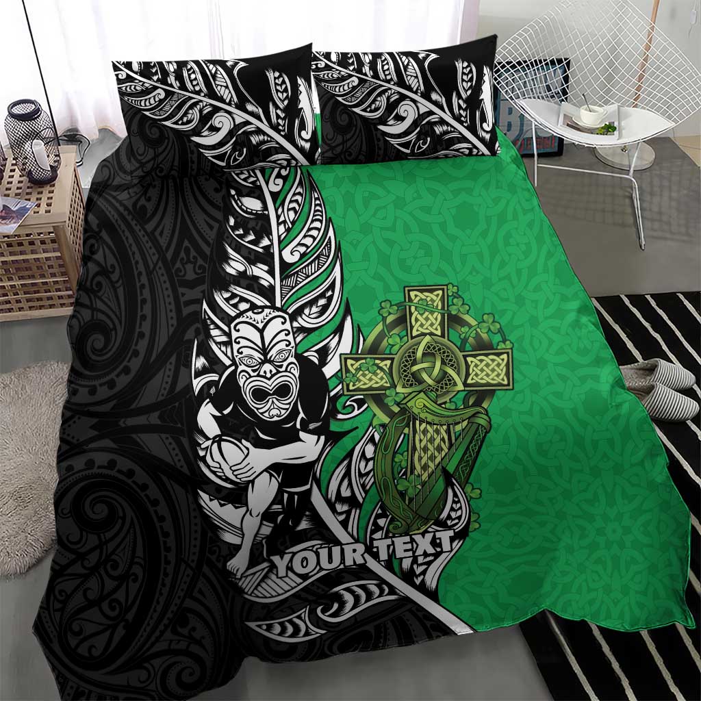 New Zealand and Ireland Rugby Custom Bedding Set Maori Tiki Fern Irish Celtic Cross - Polynesian Pride