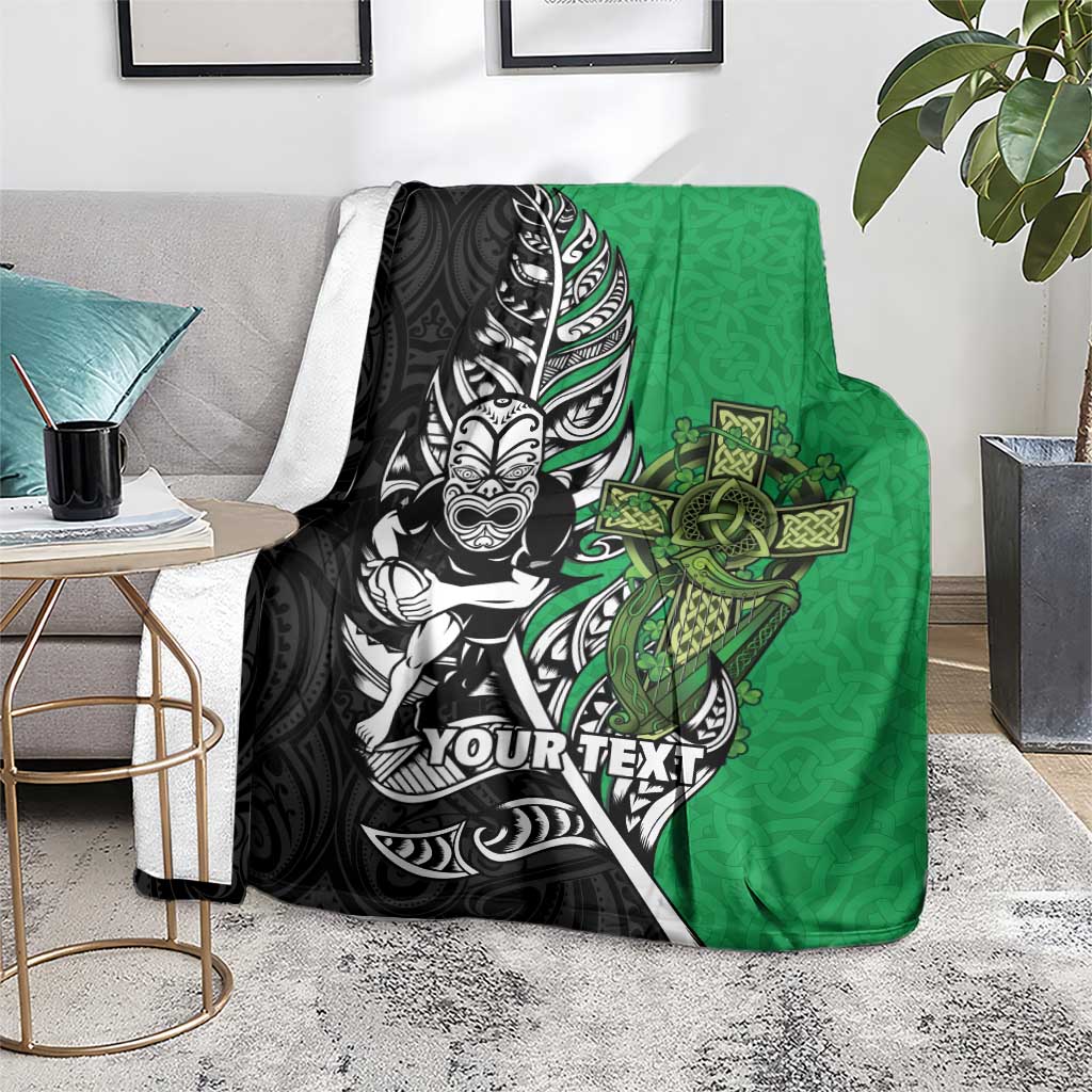 New Zealand and Ireland Rugby Custom Blanket Maori Tiki Fern Irish Celtic Cross - Polynesian Pride