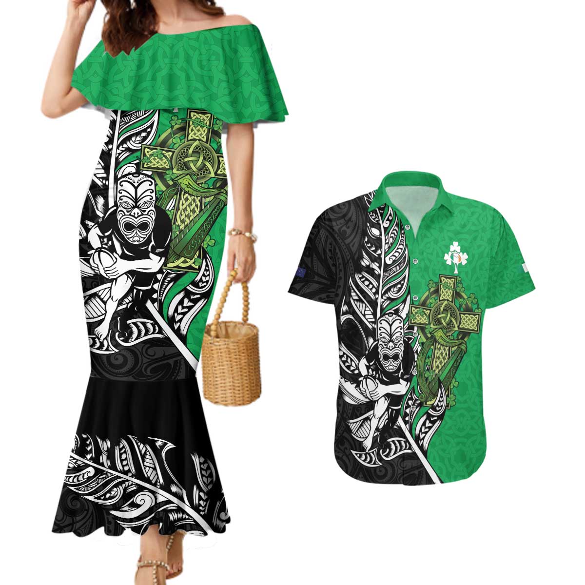 New Zealand and Ireland Rugby Custom Couples Matching Mermaid Dress and Hawaiian Shirt Maori Tiki Fern Irish Celtic Cross - Polynesian Pride