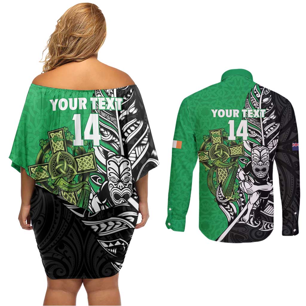 New Zealand and Ireland Rugby Custom Couples Matching Off Shoulder Short Dress and Long Sleeve Button Shirt Maori Tiki Fern Irish Celtic Cross - Polynesian Pride
