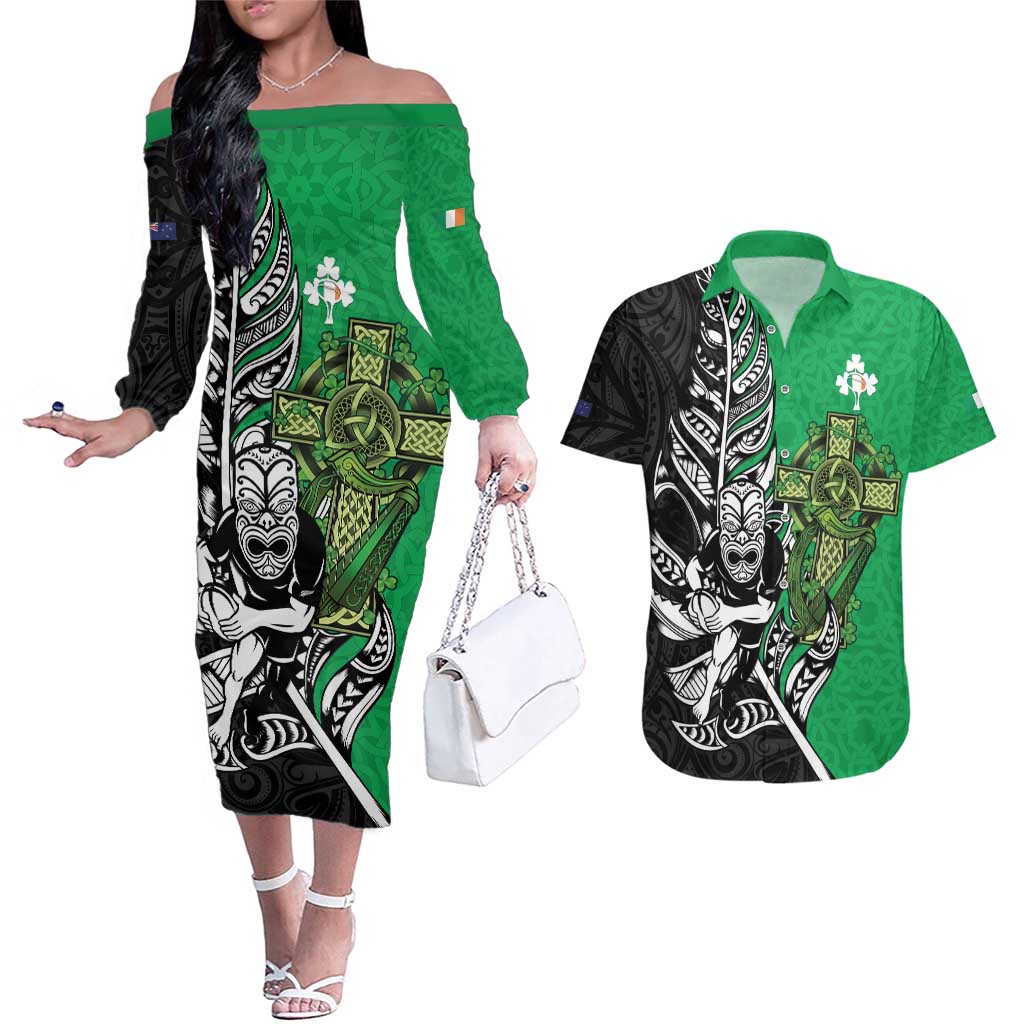 New Zealand and Ireland Rugby Custom Couples Matching Off The Shoulder Long Sleeve Dress and Hawaiian Shirt Maori Tiki Fern Irish Celtic Cross - Polynesian Pride