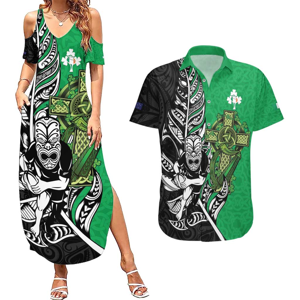New Zealand and Ireland Rugby Custom Couples Matching Summer Maxi Dress and Hawaiian Shirt Maori Tiki Fern Irish Celtic Cross - Polynesian Pride