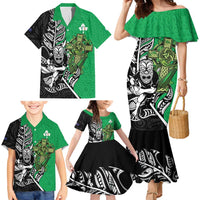 New Zealand and Ireland Rugby Custom Family Matching Mermaid Dress and Hawaiian Shirt Maori Tiki Fern Irish Celtic Cross - Polynesian Pride