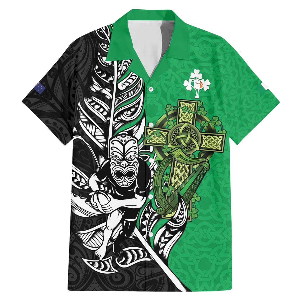 New Zealand and Ireland Rugby Custom Family Matching Mermaid Dress and Hawaiian Shirt Maori Tiki Fern Irish Celtic Cross - Polynesian Pride