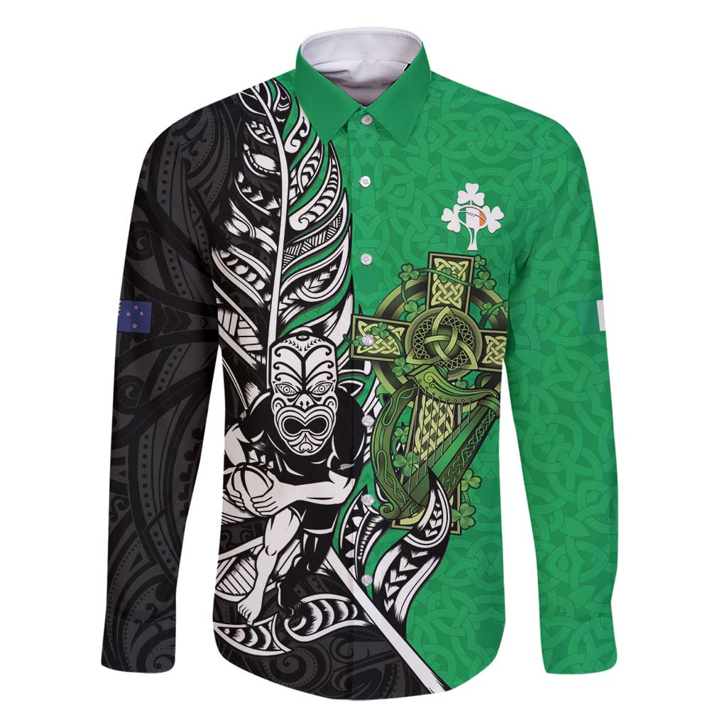 New Zealand and Ireland Rugby Custom Family Matching Off Shoulder Short Dress and Hawaiian Shirt Maori Tiki Fern Irish Celtic Cross - Polynesian Pride