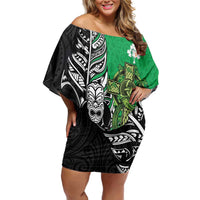 New Zealand and Ireland Rugby Custom Family Matching Off Shoulder Short Dress and Hawaiian Shirt Maori Tiki Fern Irish Celtic Cross - Polynesian Pride