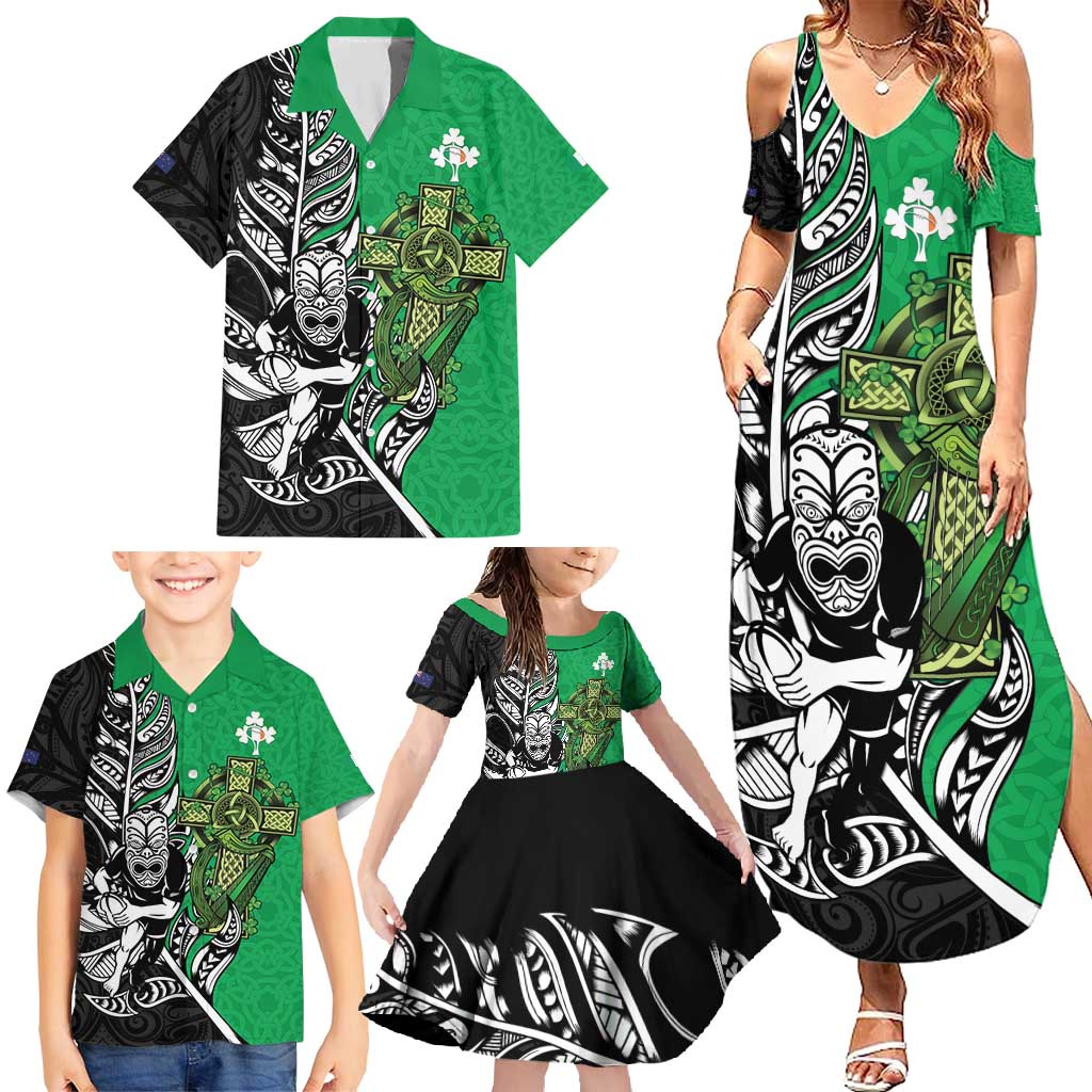 New Zealand and Ireland Rugby Custom Family Matching Summer Maxi Dress and Hawaiian Shirt Maori Tiki Fern Irish Celtic Cross - Polynesian Pride