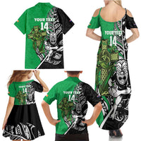 New Zealand and Ireland Rugby Custom Family Matching Summer Maxi Dress and Hawaiian Shirt Maori Tiki Fern Irish Celtic Cross - Polynesian Pride