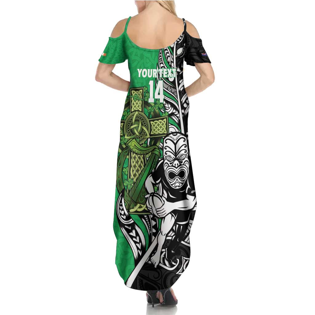 New Zealand and Ireland Rugby Custom Family Matching Summer Maxi Dress and Hawaiian Shirt Maori Tiki Fern Irish Celtic Cross - Polynesian Pride