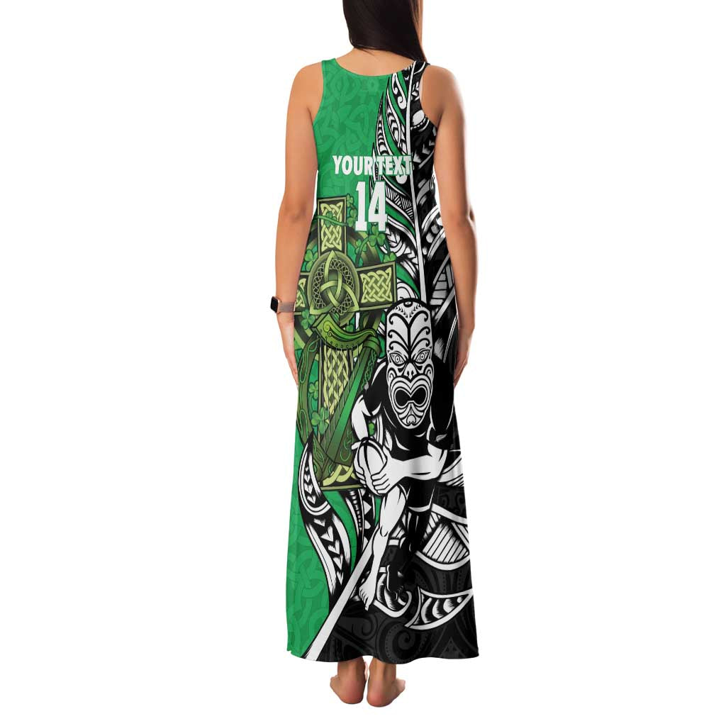 New Zealand and Ireland Rugby Custom Family Matching Tank Maxi Dress and Hawaiian Shirt Maori Tiki Fern Irish Celtic Cross - Polynesian Pride