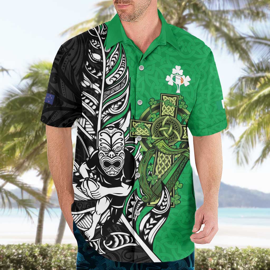New Zealand and Ireland Rugby Custom Hawaiian Shirt Maori Tiki Fern Irish Celtic Cross - Polynesian Pride