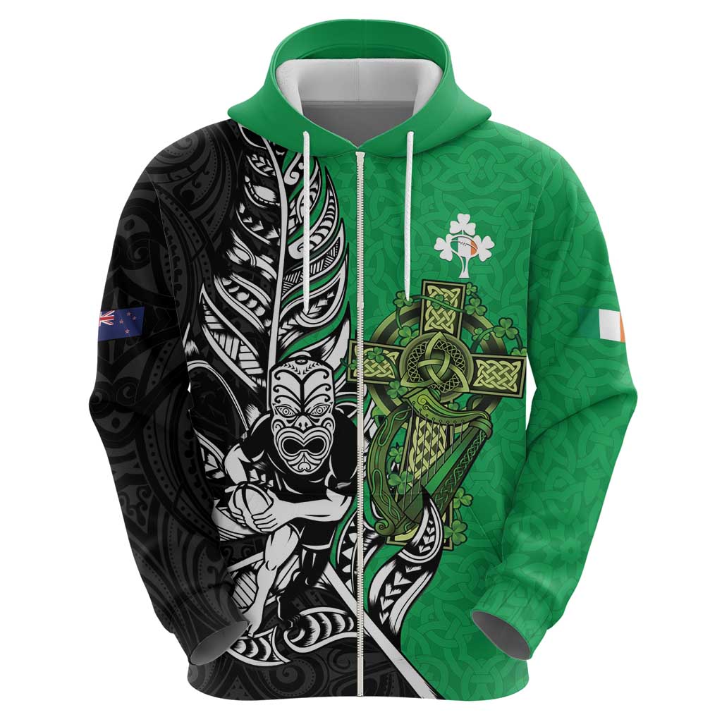 New Zealand and Ireland Rugby Custom Hoodie Maori Tiki Fern Irish Celtic Cross - Polynesian Pride
