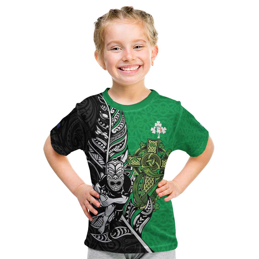 New Zealand and Ireland Rugby Custom Kid T Shirt Maori Tiki Fern Irish Celtic Cross - Polynesian Pride