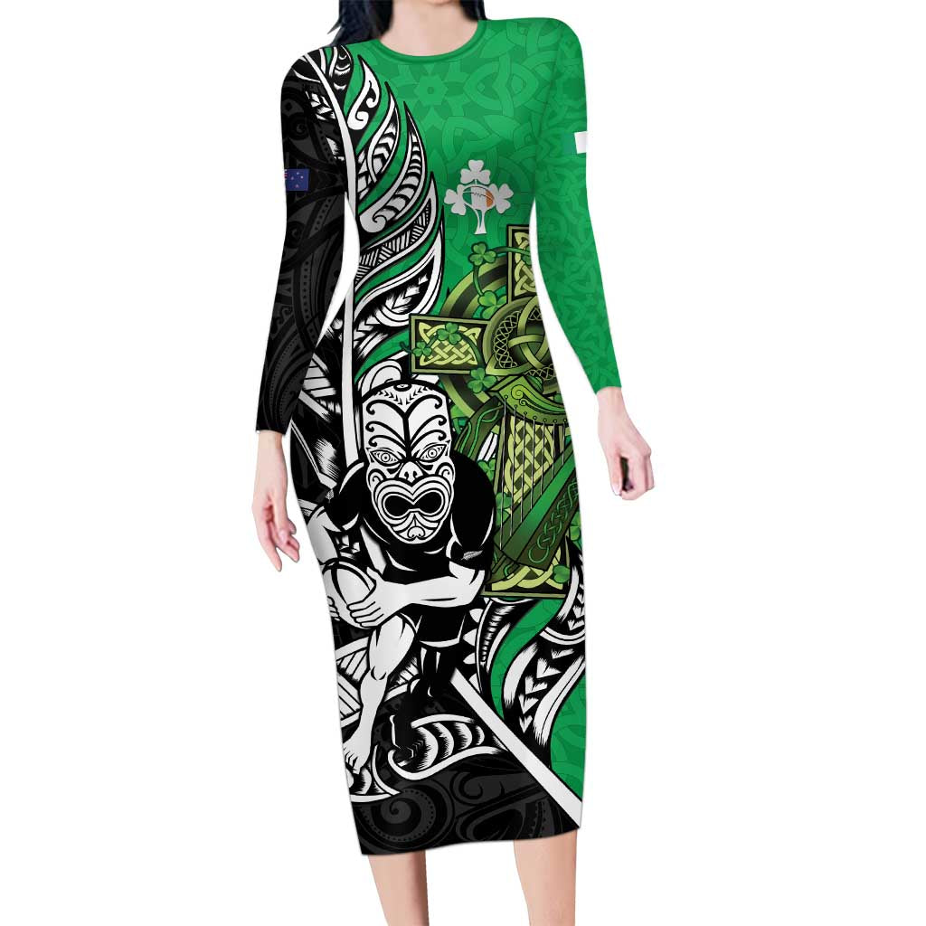 New Zealand and Ireland Rugby Custom Long Sleeve Bodycon Dress Maori Tiki Fern Irish Celtic Cross - Polynesian Pride